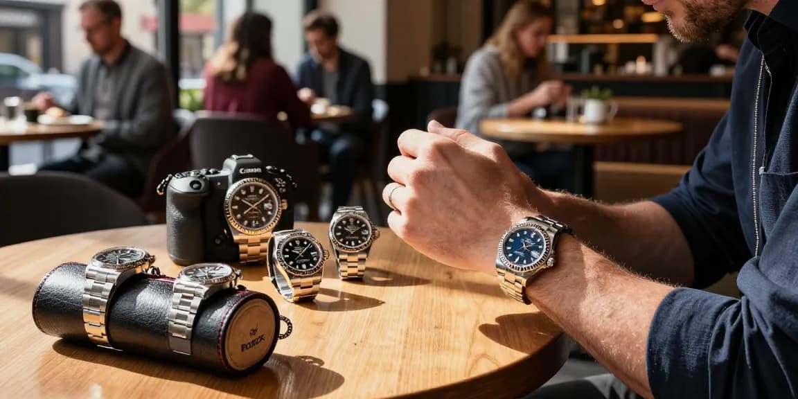 Luxury watches displayed beautifully, showcasing rolex super clone watches in a chic urban café atmosphere.
